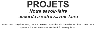 PROJETS Notre savoir-faire accordé à votre savoir-faire Avec nos compétences, nous sommes capables de travailler en harmonie pour que nos instruments s'accordent à votre rythme. 